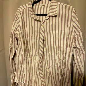Empyre brand long sleeve red, white and blue stripped button down shirt.